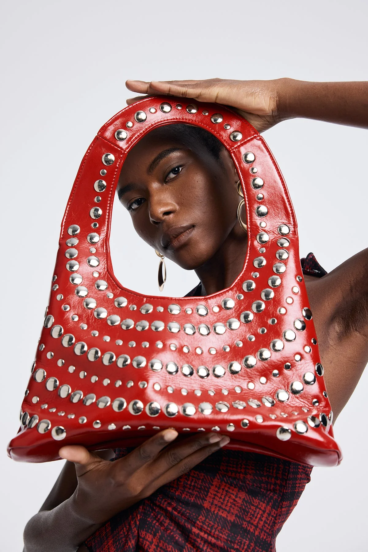 Studded Leather Shoulder Bag in Rich Red Color