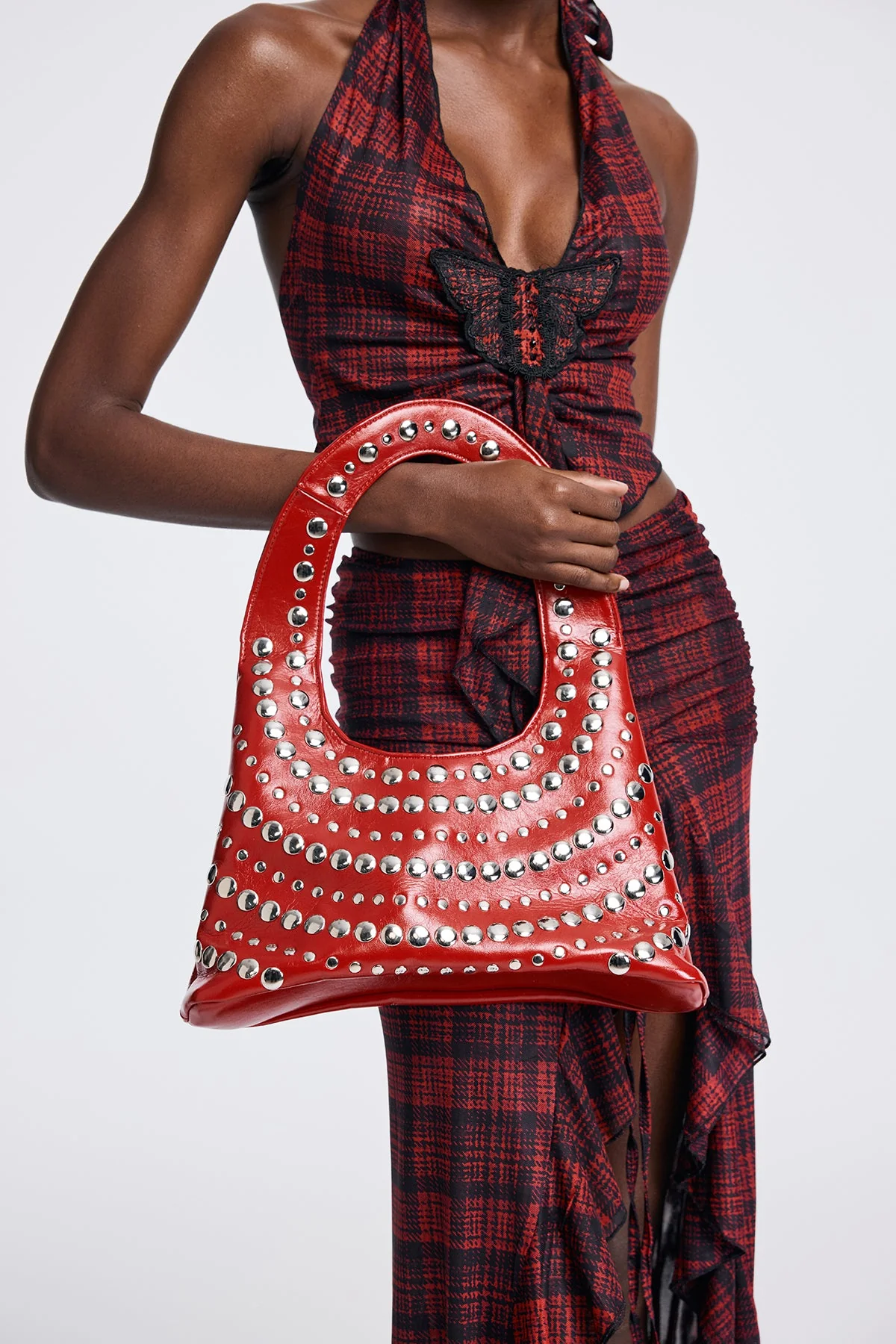 Studded Leather Shoulder Bag in Rich Red Color