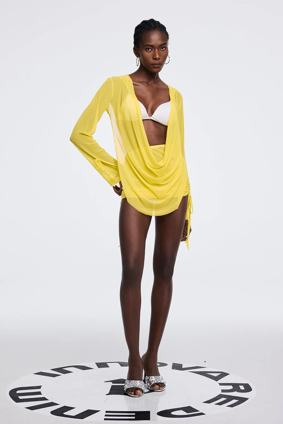 Yellow Mesh Cowl Neck Ruch Mini Dress