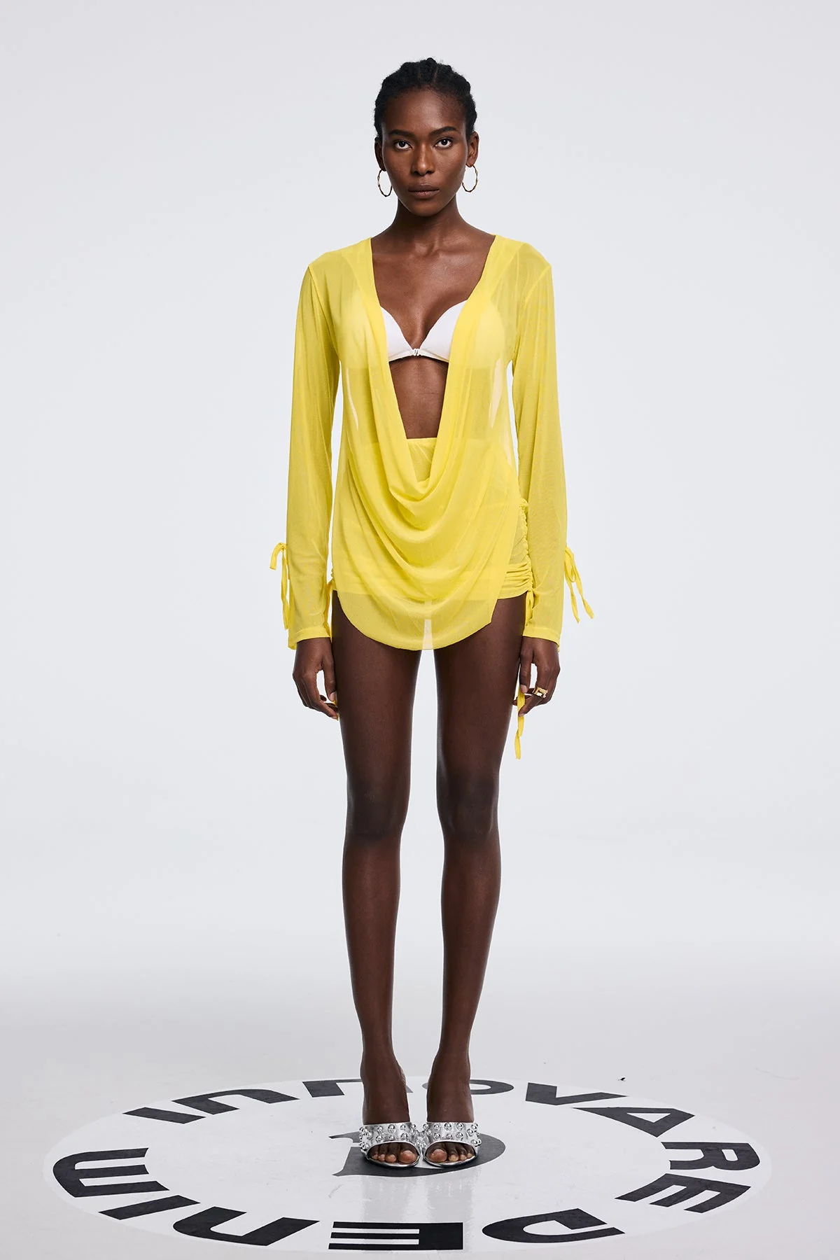 Yellow Mesh Cowl Neck Ruch Mini Dress