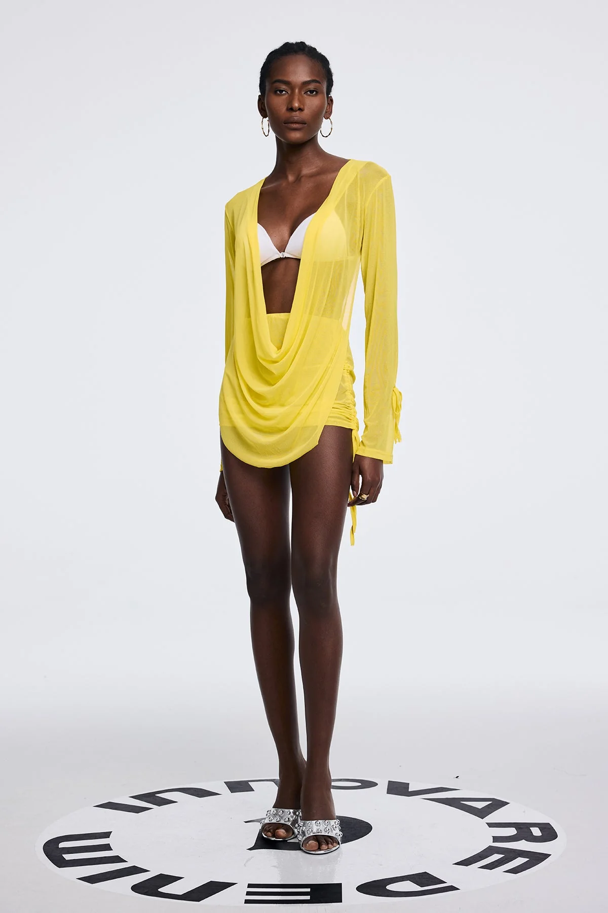 Yellow Mesh Cowl Neck Ruch Mini Dress