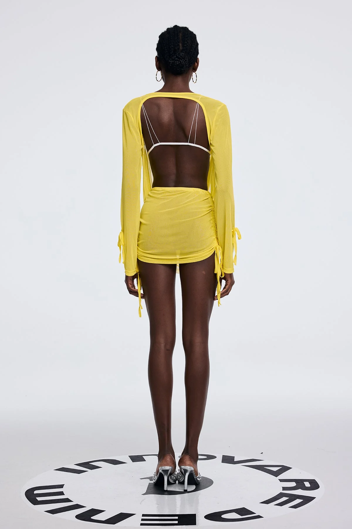 Yellow Mesh Cowl Neck Ruch Mini Dress