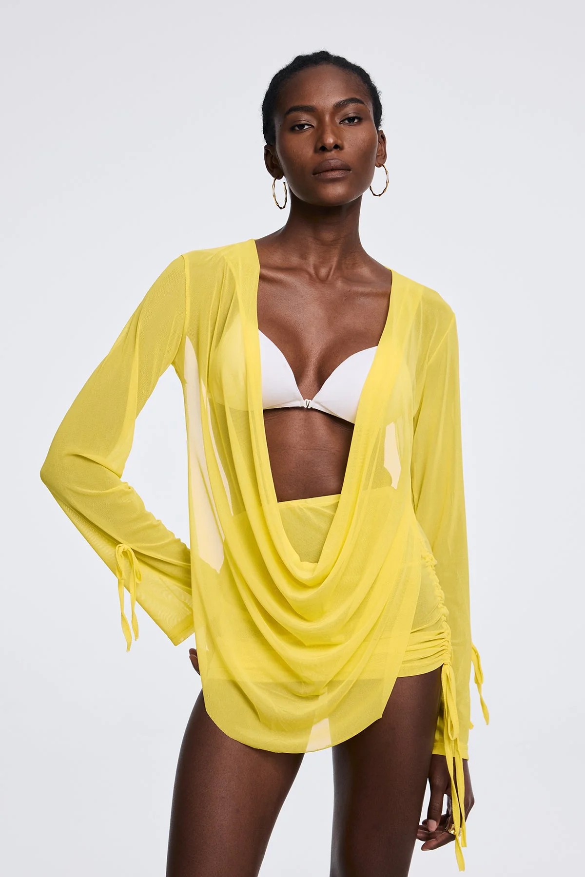 Yellow Mesh Cowl Neck Ruch Mini Dress