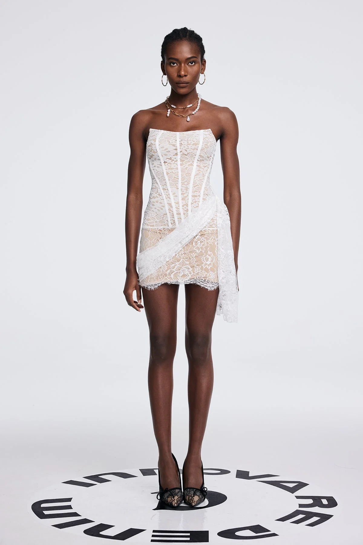 White Lace Strapless Fringe Mini Dress