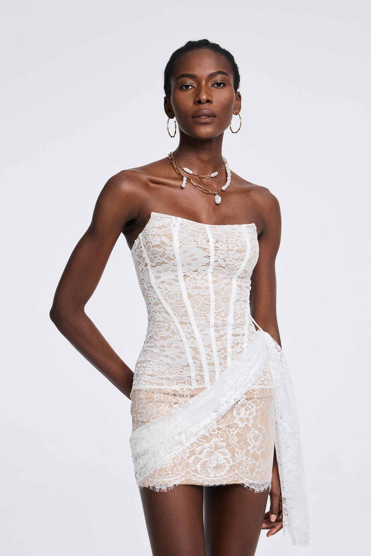 White Lace Strapless Fringe Mini Dress