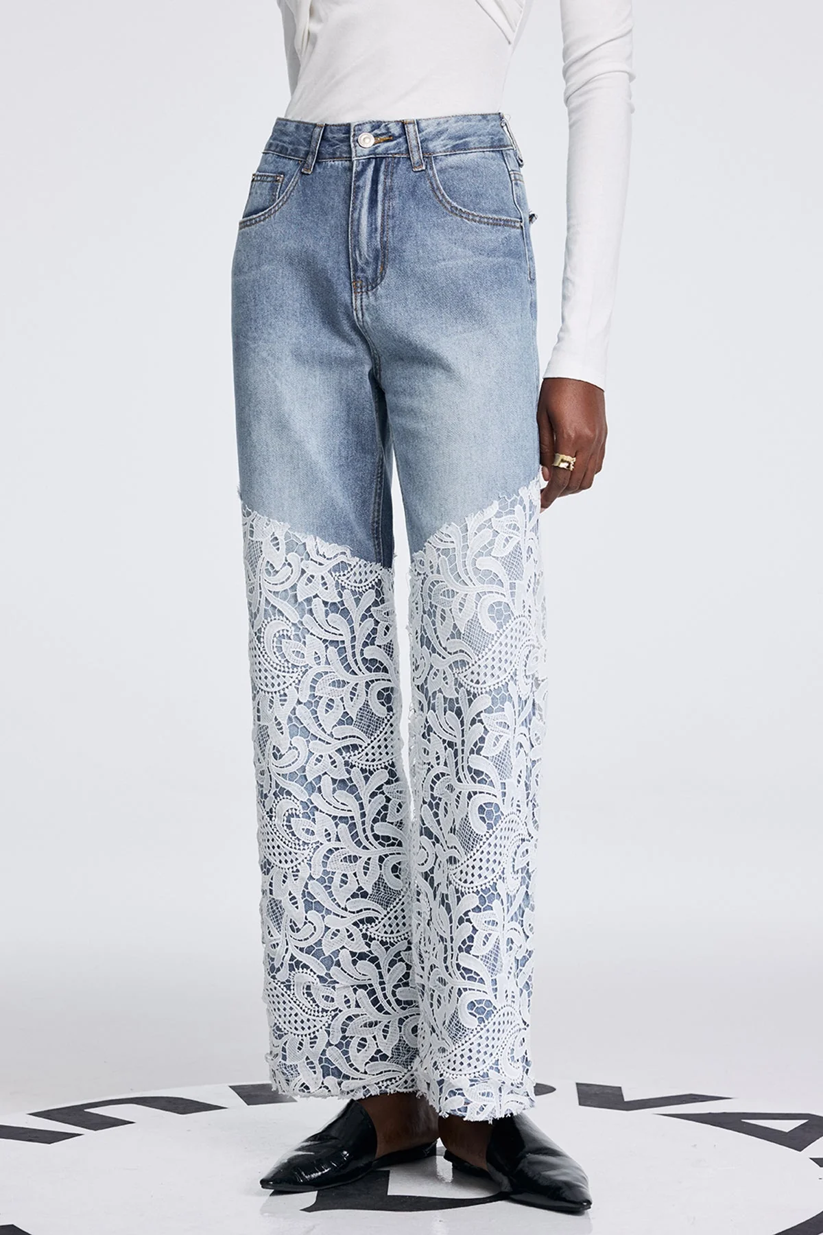 Blue Cutout Lace Deconstruct Jeans