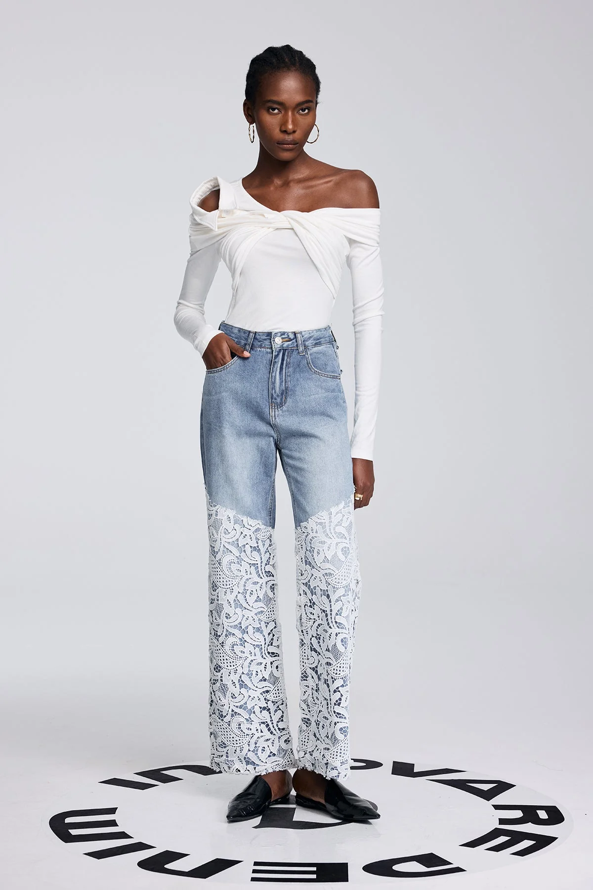 Blue Cutout Lace Deconstruct Jeans