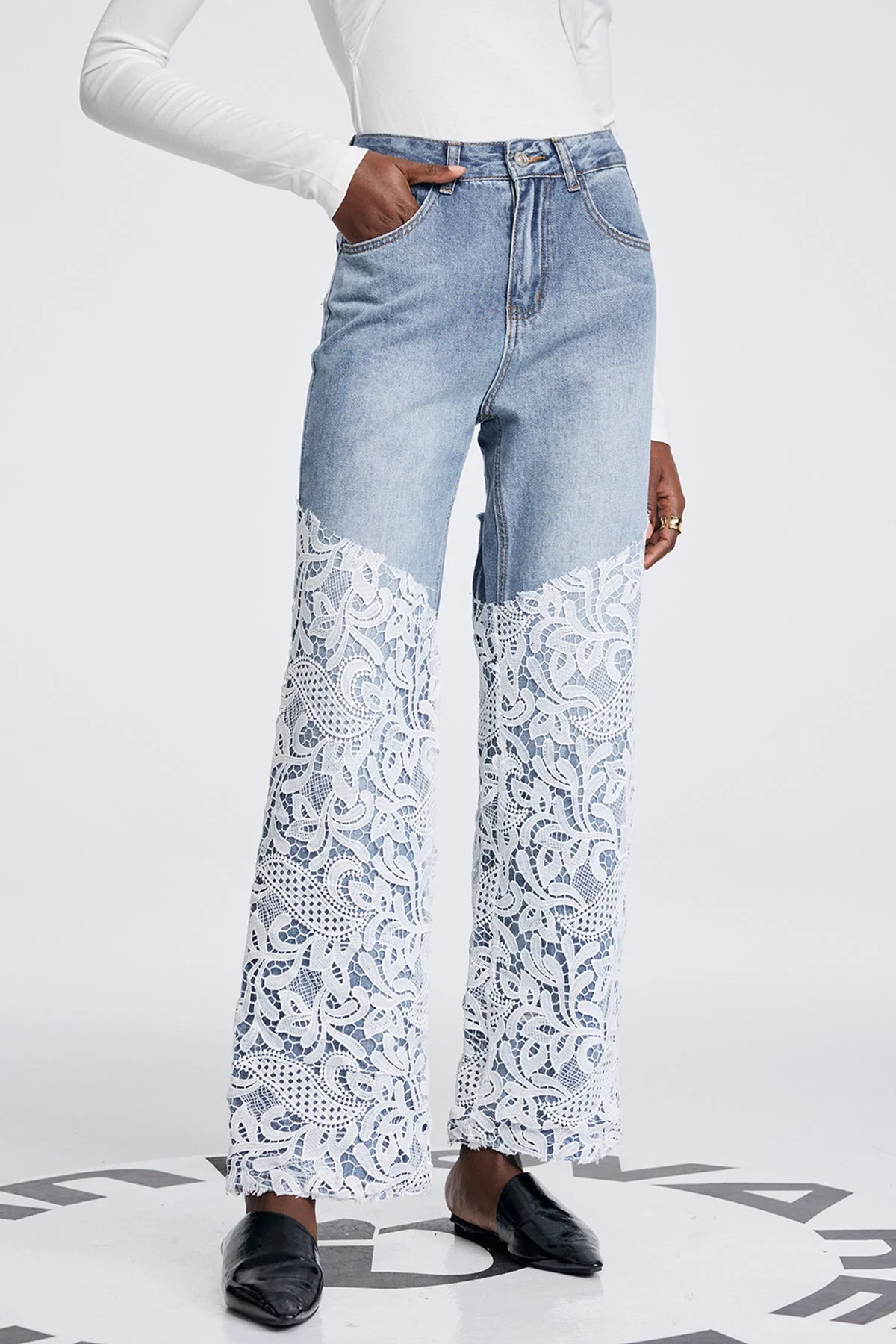 Blue Cutout Lace Deconstruct Jeans