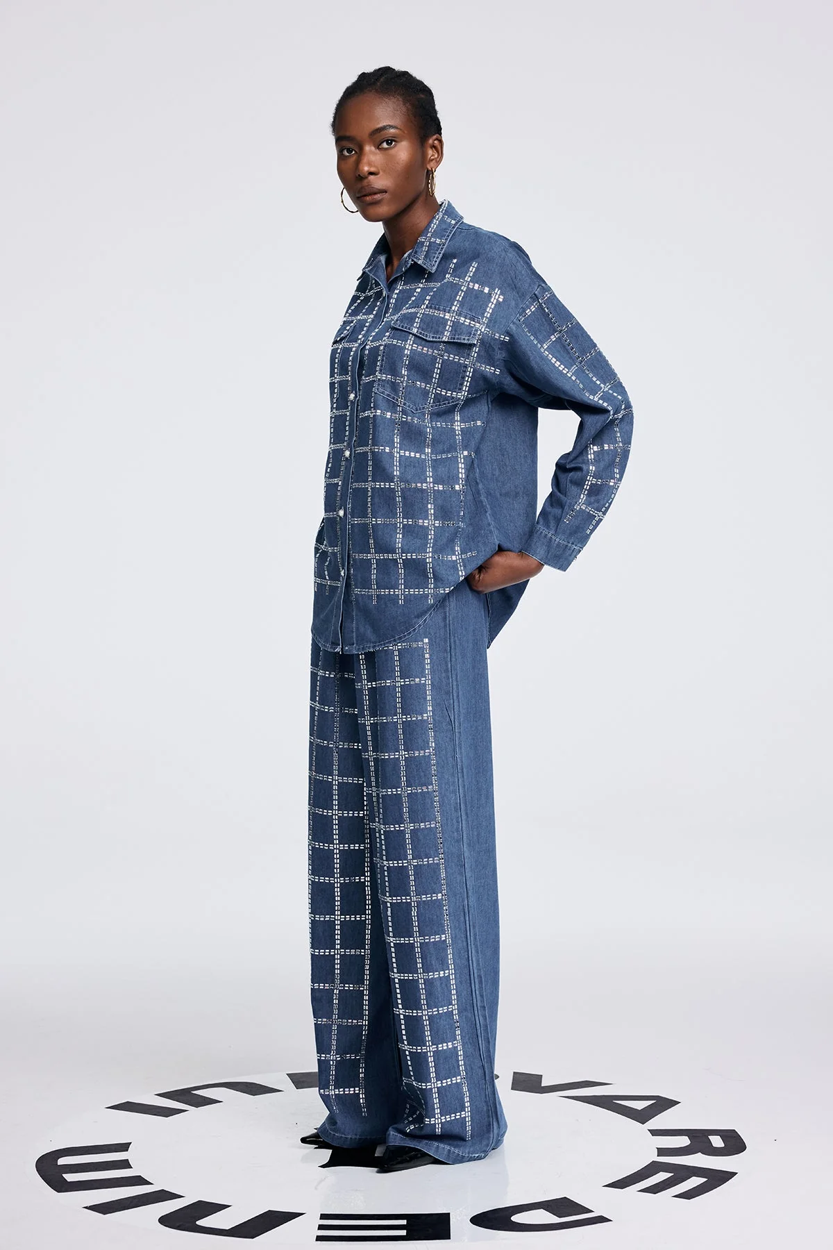 Blue Rhinestone Grid Denim Shirt Pants Set