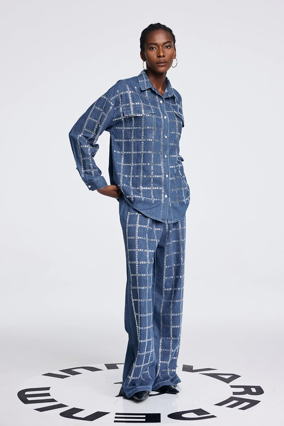 Blue Rhinestone Grid Denim Shirt Pants Set