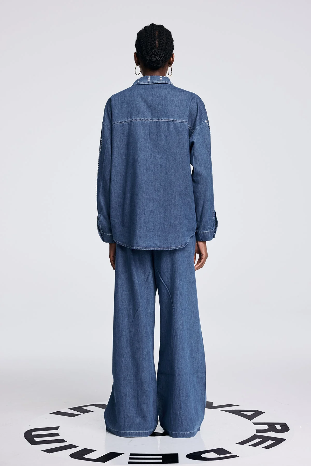 Blue Rhinestone Grid Denim Shirt Pants Set