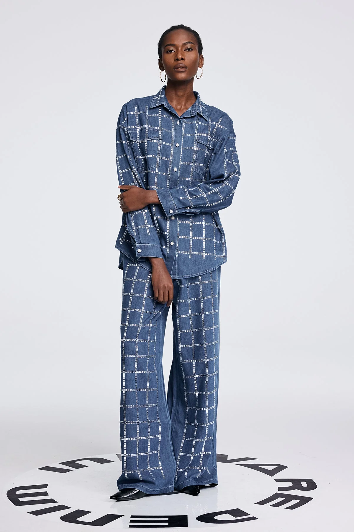 Blue Rhinestone Grid Denim Shirt Pants Set