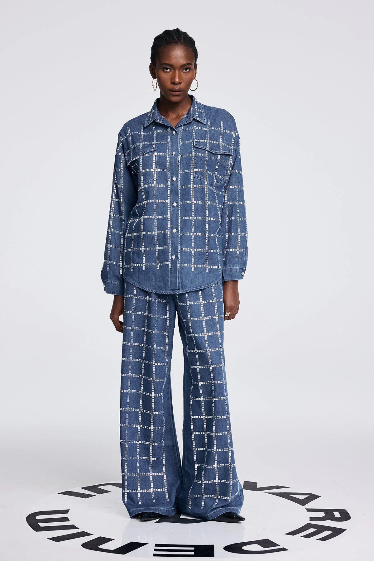 Blue Rhinestone Grid Denim Shirt Pants Set