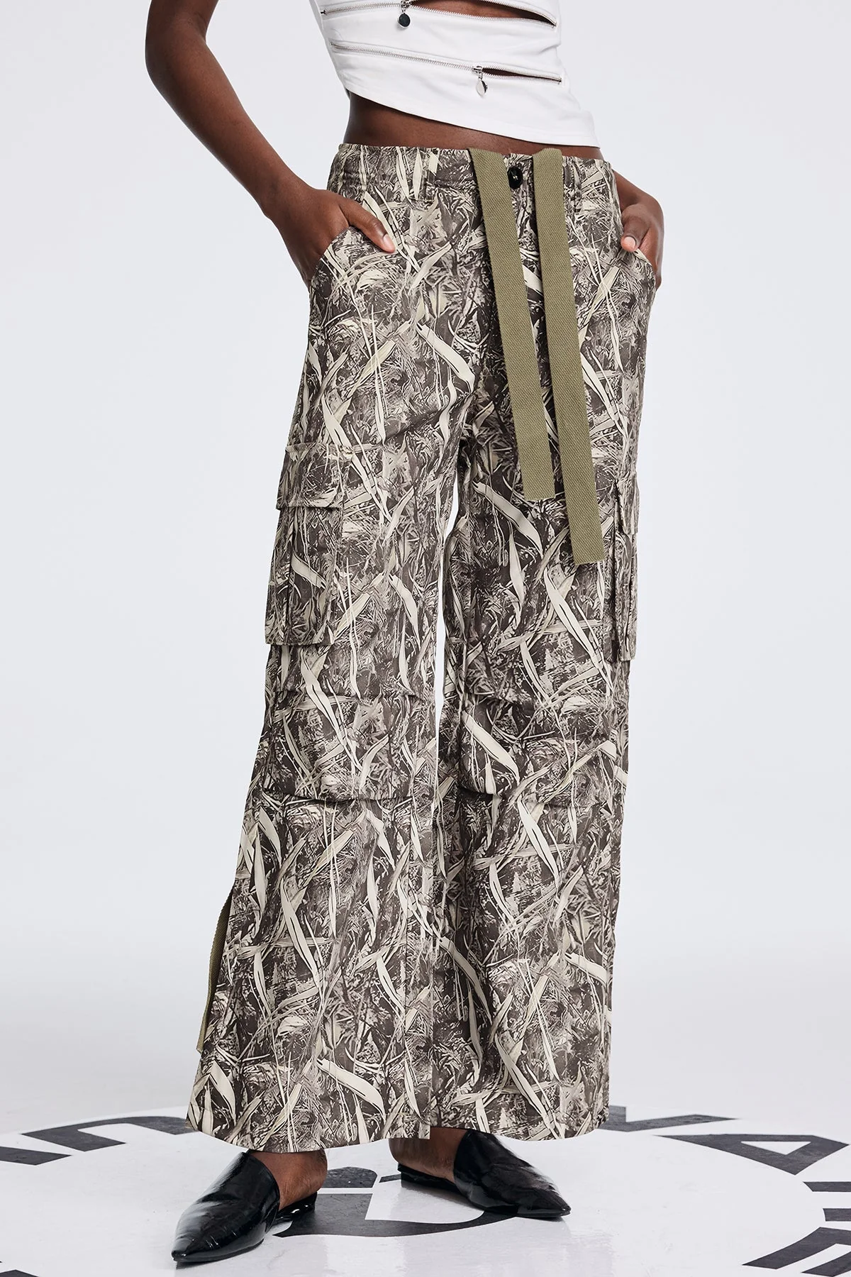 Grey Printed Cargo Pants with Multiple Pockets