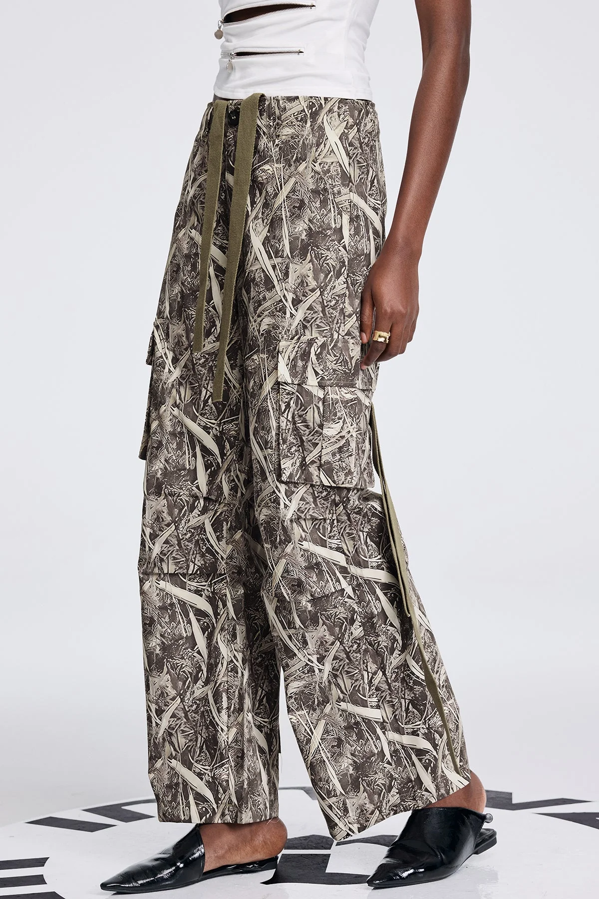 Grey Printed Cargo Pants with Multiple Pockets