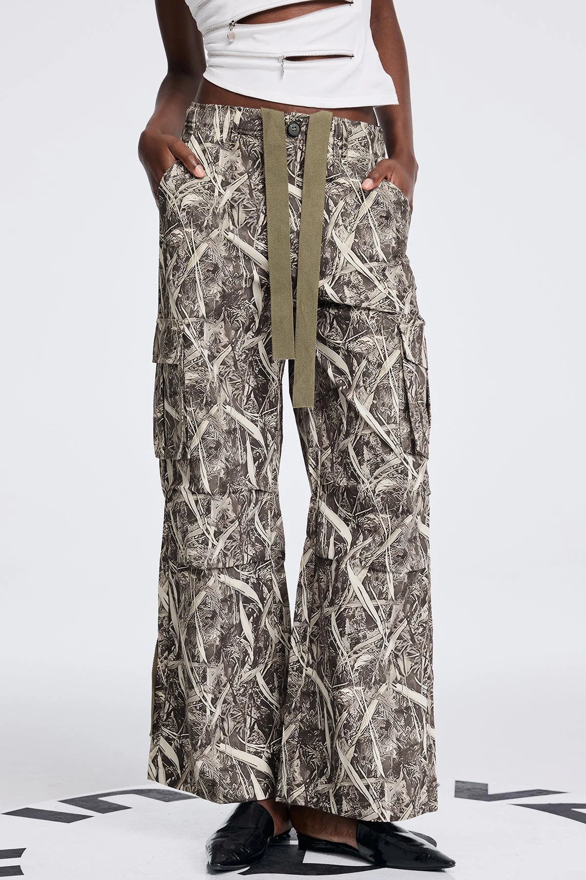 Grey Printed Cargo Pants with Multiple Pockets