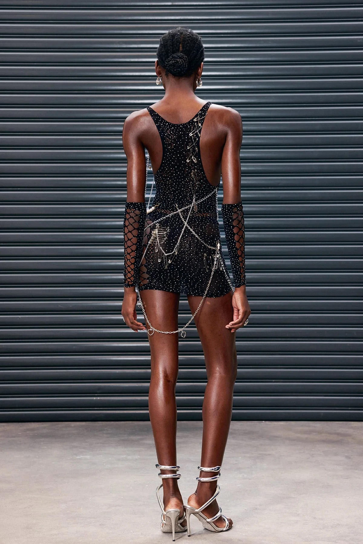 Elegant Mesh Cutout Pearl Mini Dress in Black