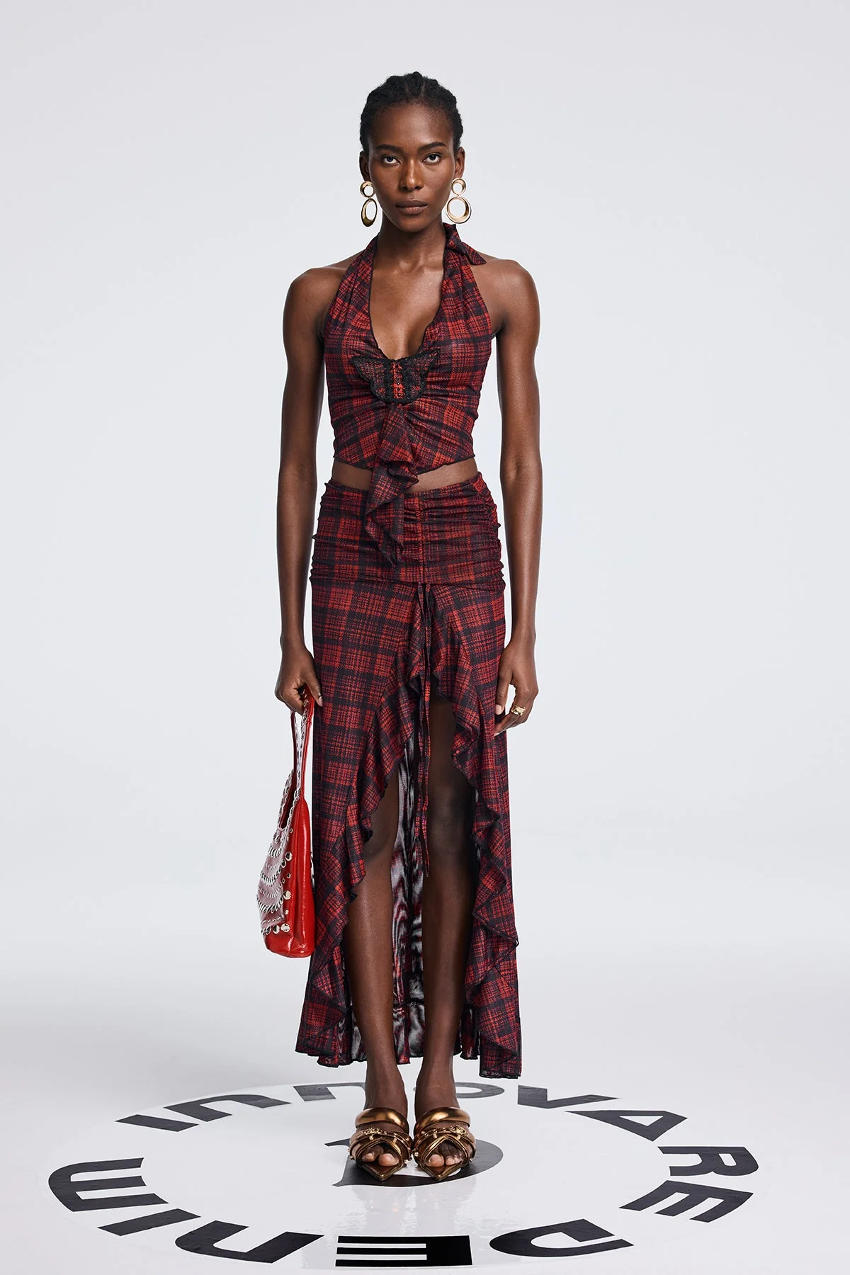 Red Butterfly Grid Halter Neck Backless Skirt Set