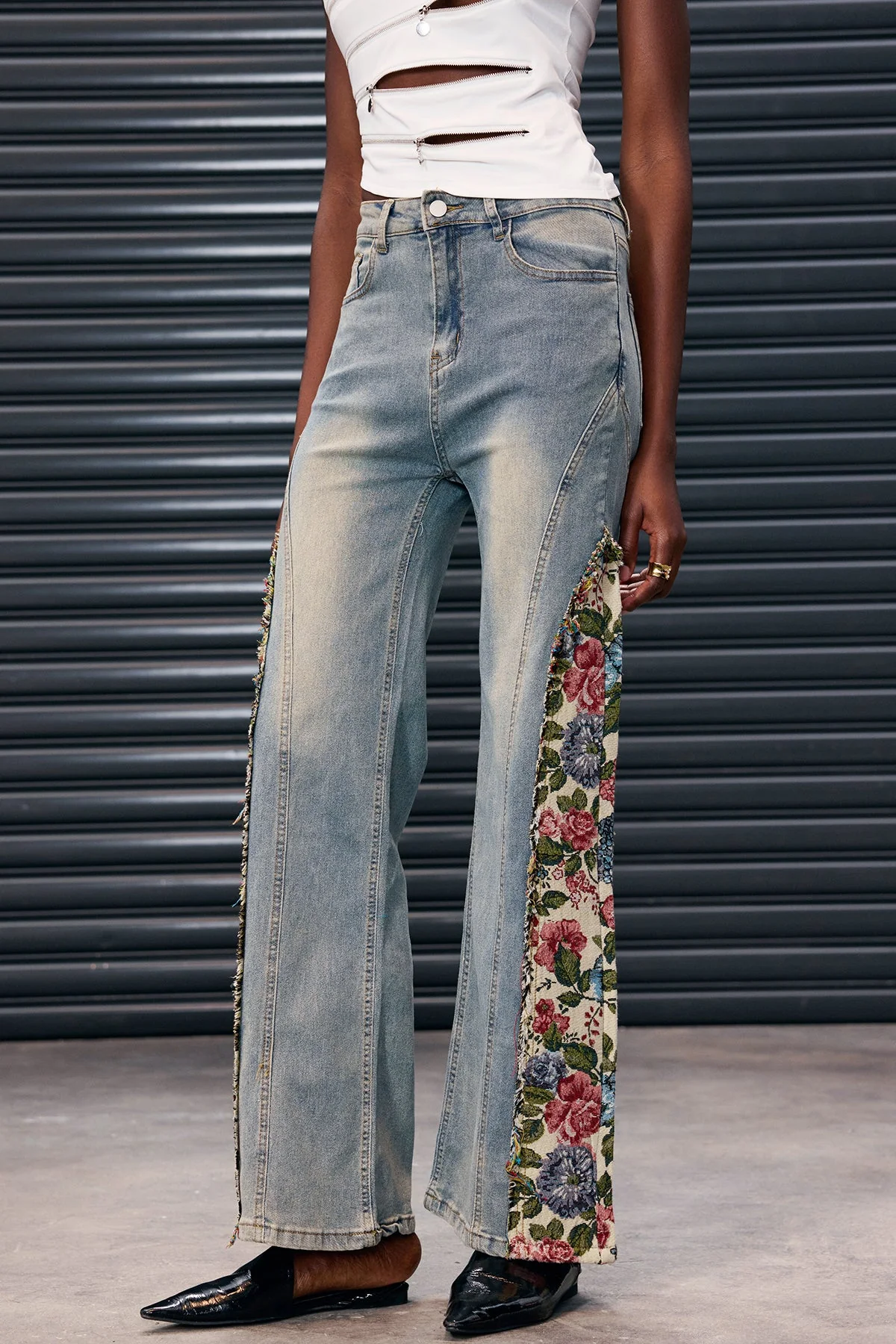 Floral Deconstructed Denim Jeans in Blue
