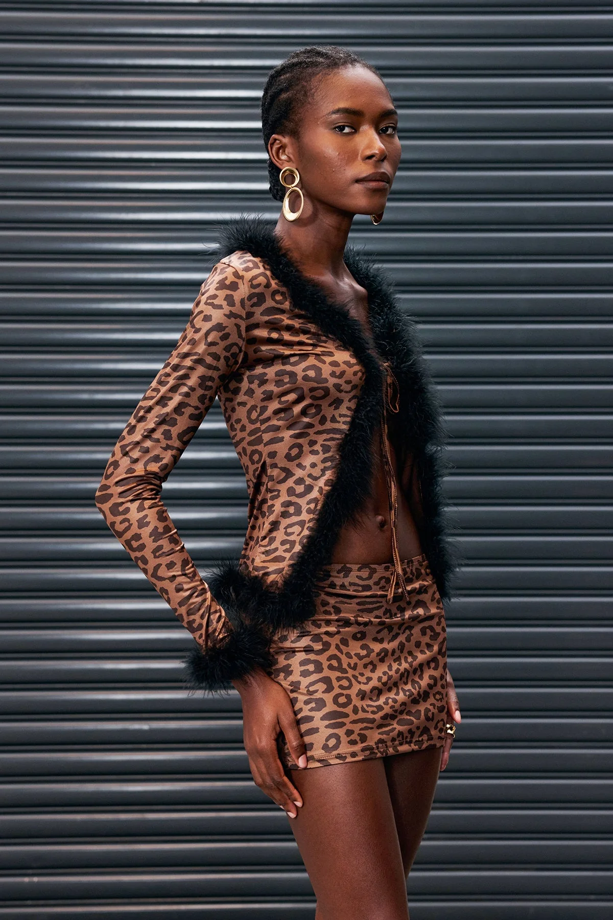 Leopard Feather Lace-Up Split Skirt Set