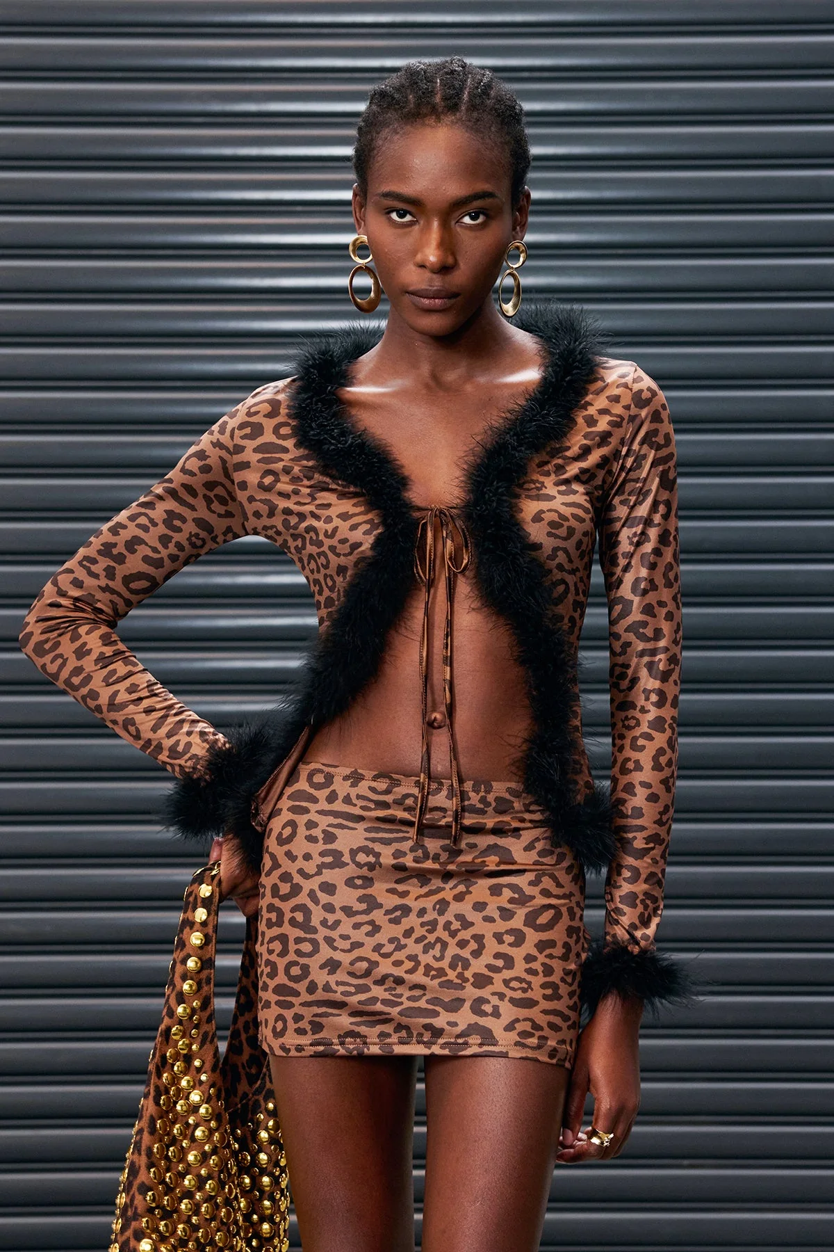 Leopard Feather Lace-Up Split Skirt Set