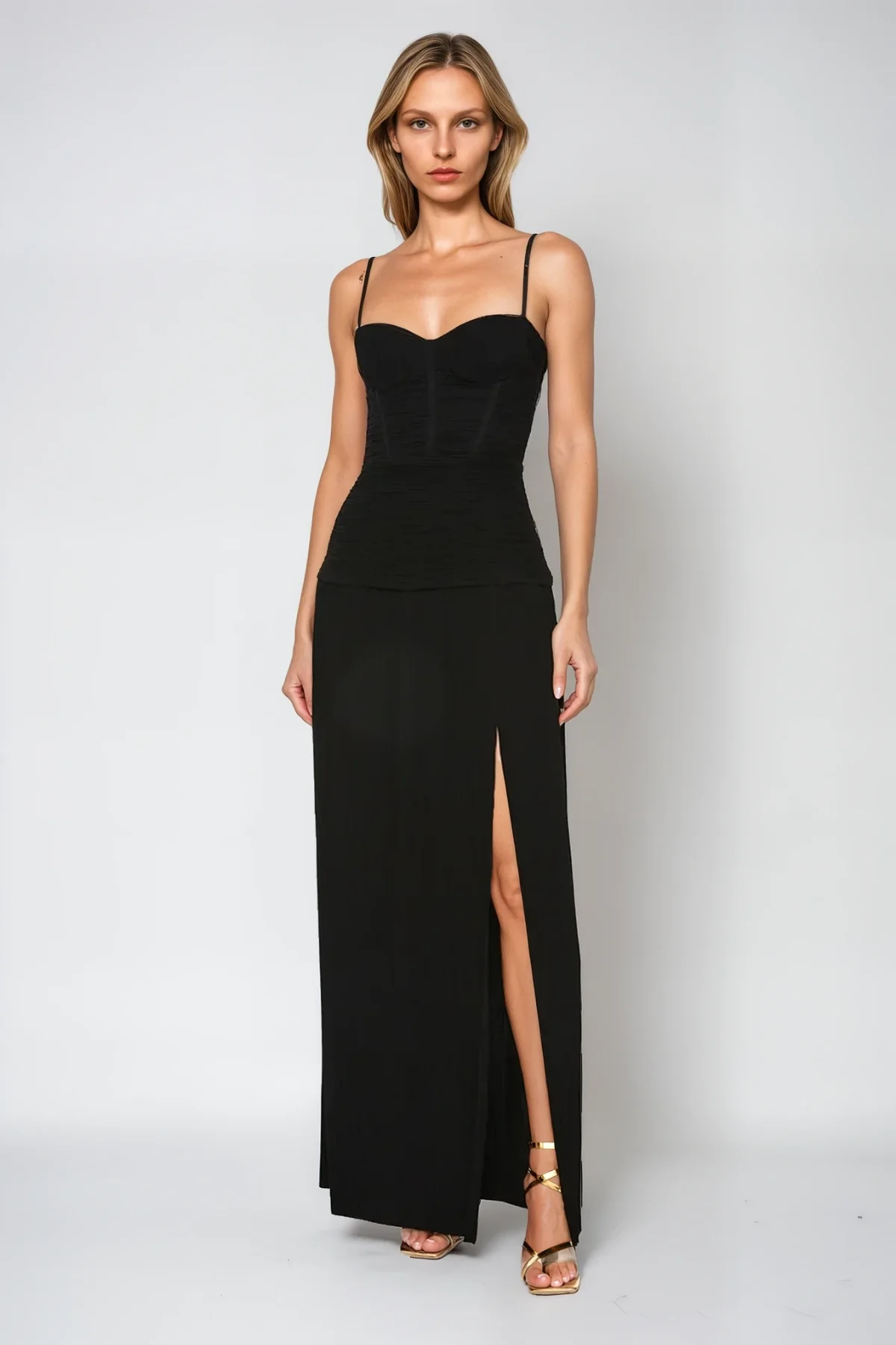 Black Ruched Split Spaghetti Maxi Dress - Elegant & Versatile