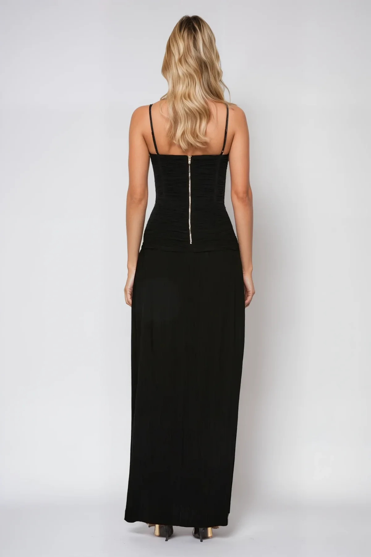 Black Ruched Split Spaghetti Maxi Dress - Elegant & Versatile