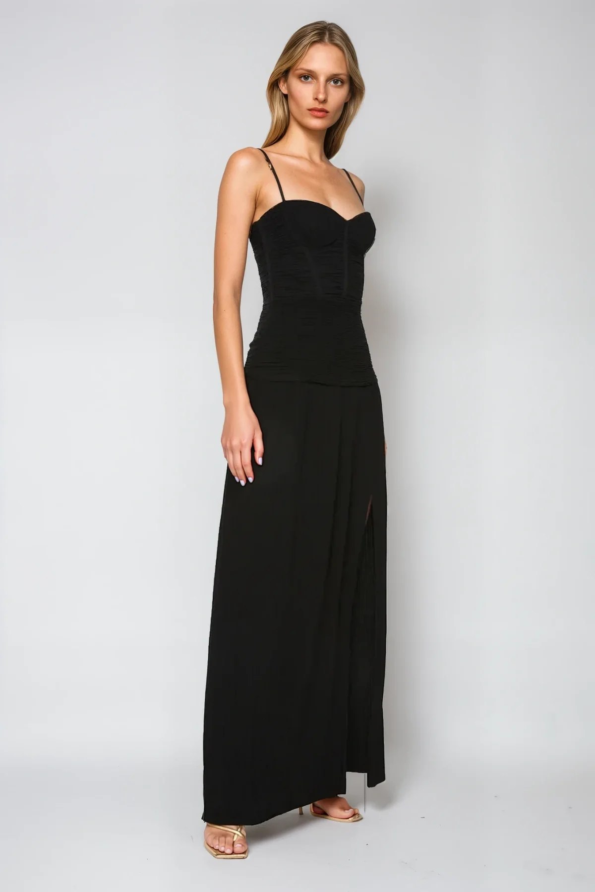 Black Ruched Split Spaghetti Maxi Dress - Elegant & Versatile