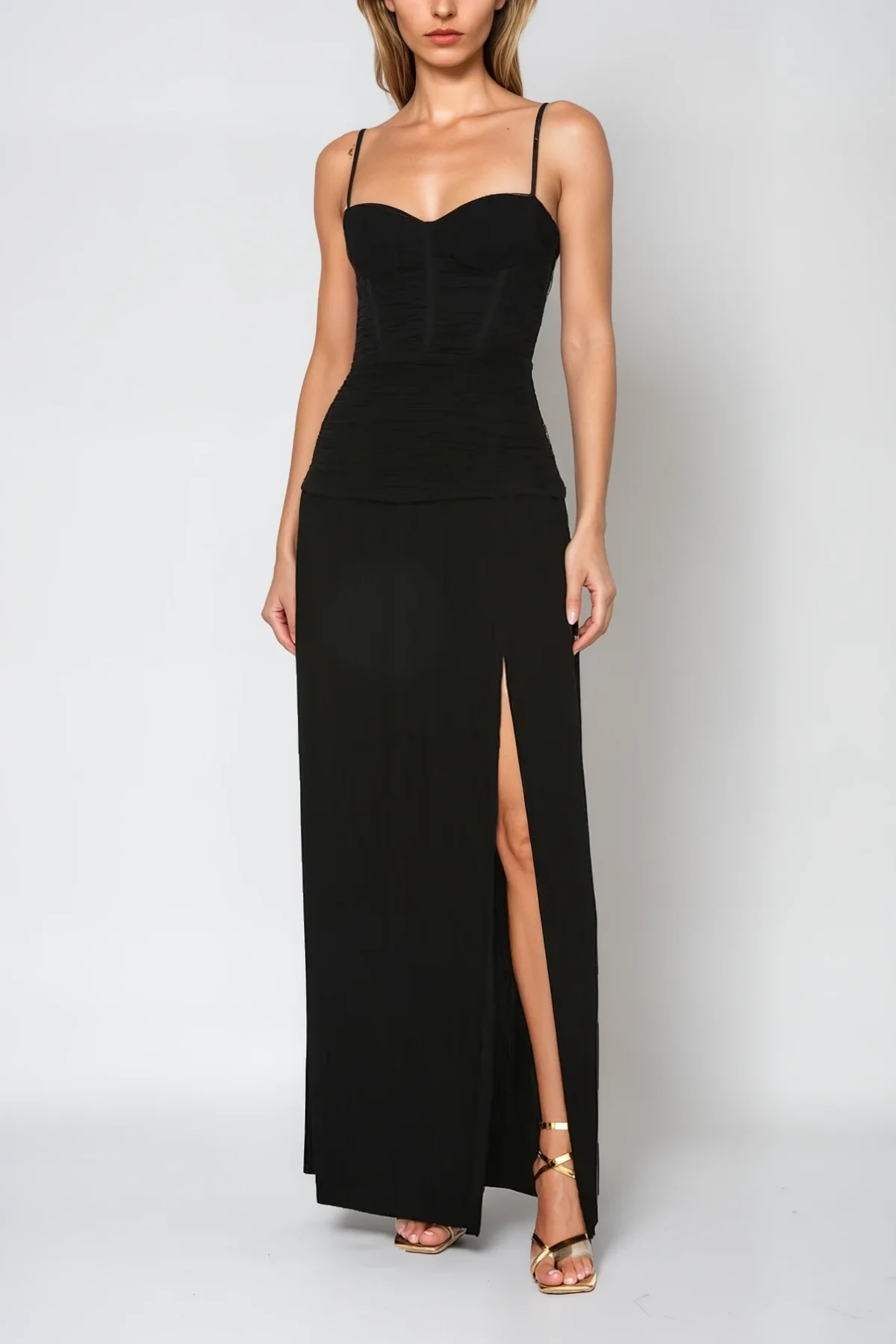 Black Ruched Split Spaghetti Maxi Dress - Elegant & Versatile
