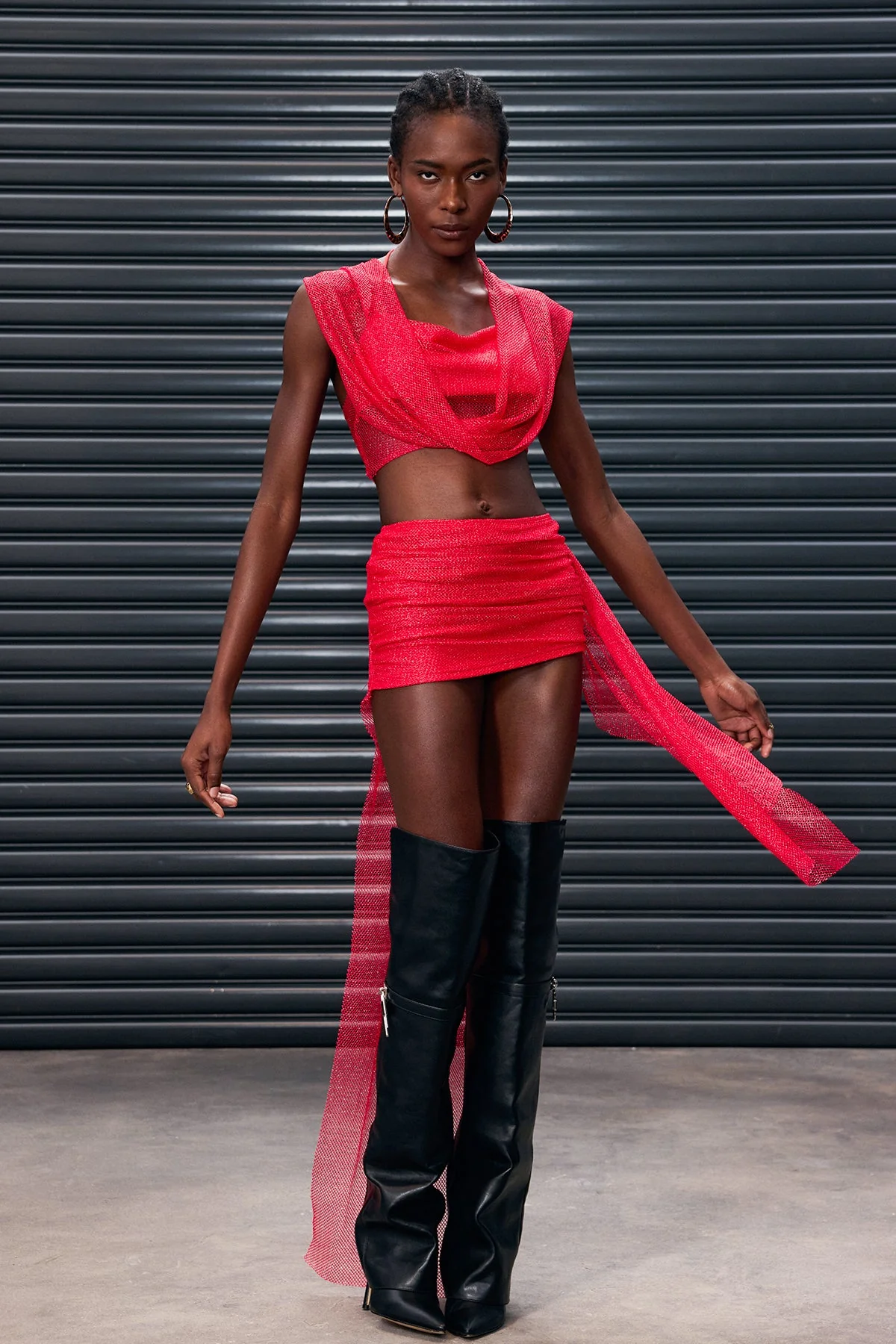 Mesh Hooded Ruched Skirt Set in Red | Trendy Urban Style