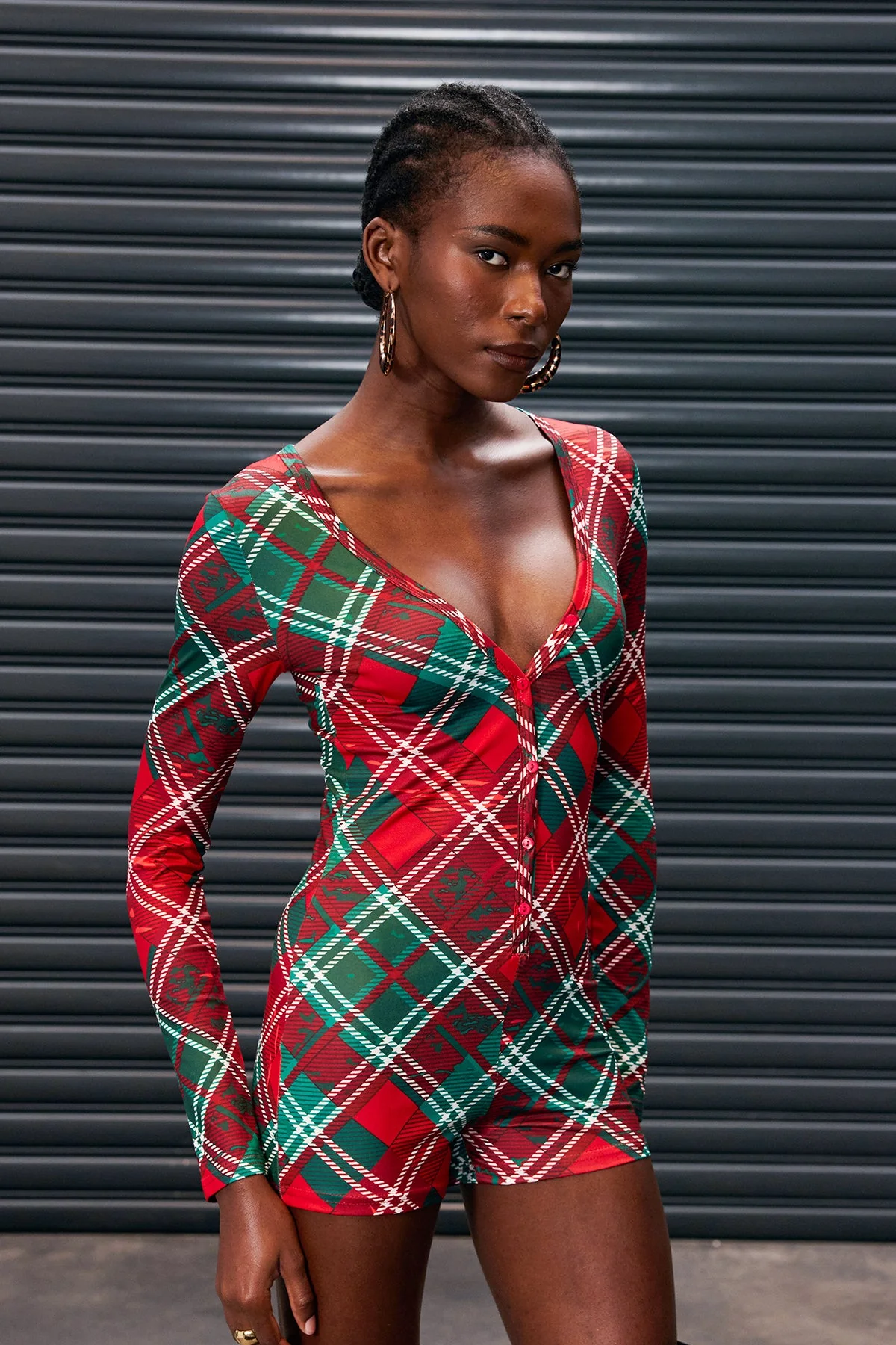 Red Grid Plunge Romper Bodycon Suit