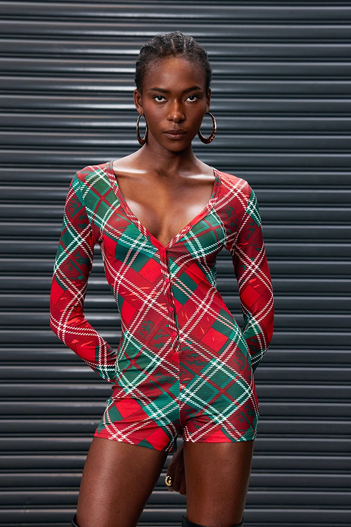 Red Grid Plunge Romper Bodycon Suit