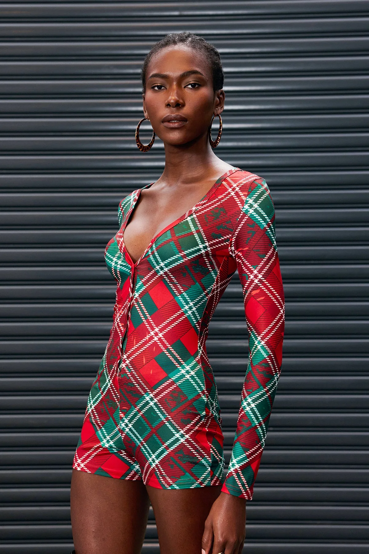 Red Grid Plunge Romper Bodycon Suit