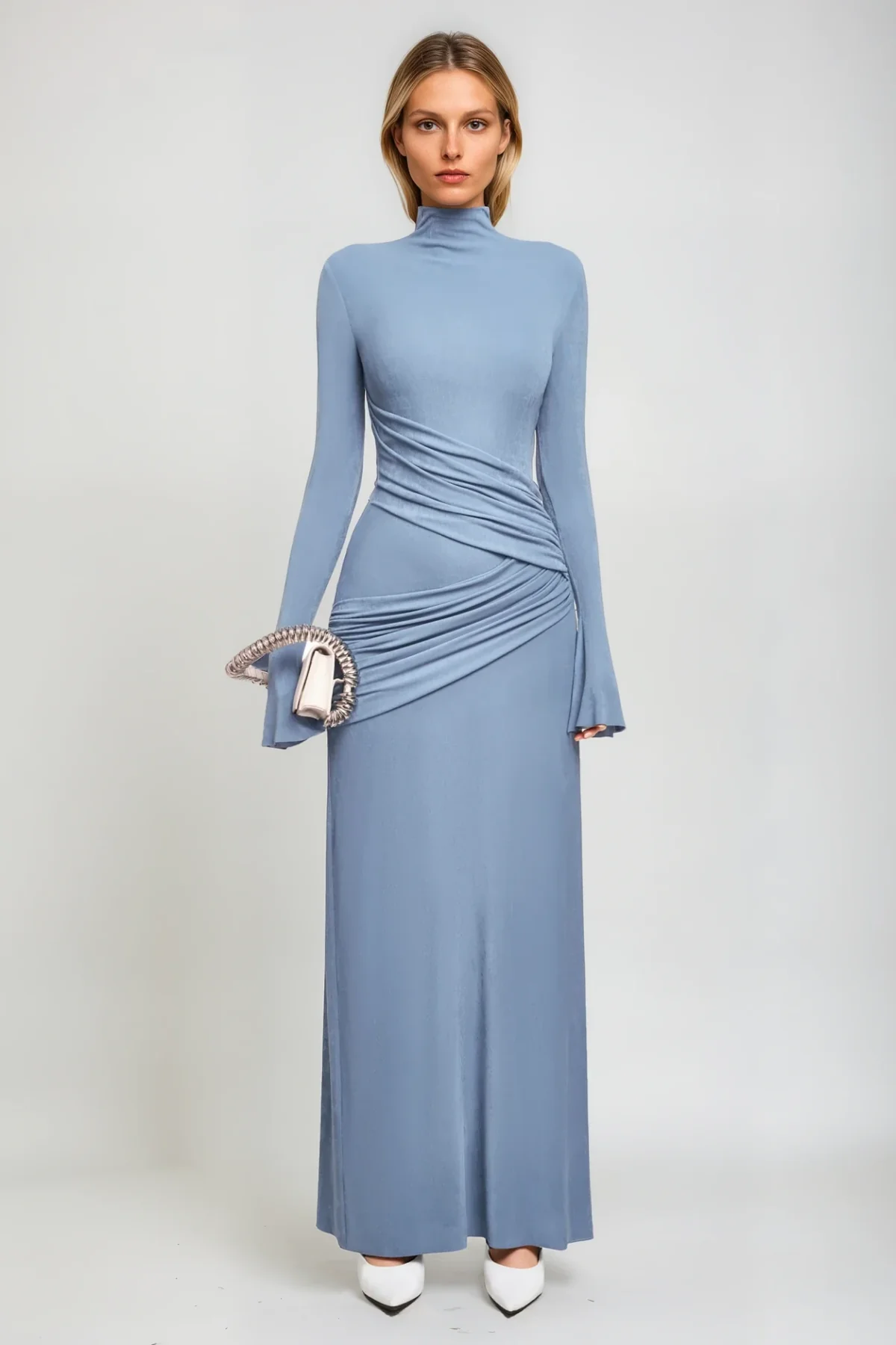 Blue Ruch Bodycon Long Sleeve Maxi Dress