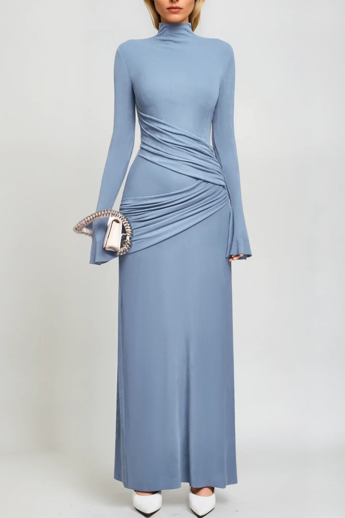Blue Ruch Bodycon Long Sleeve Maxi Dress