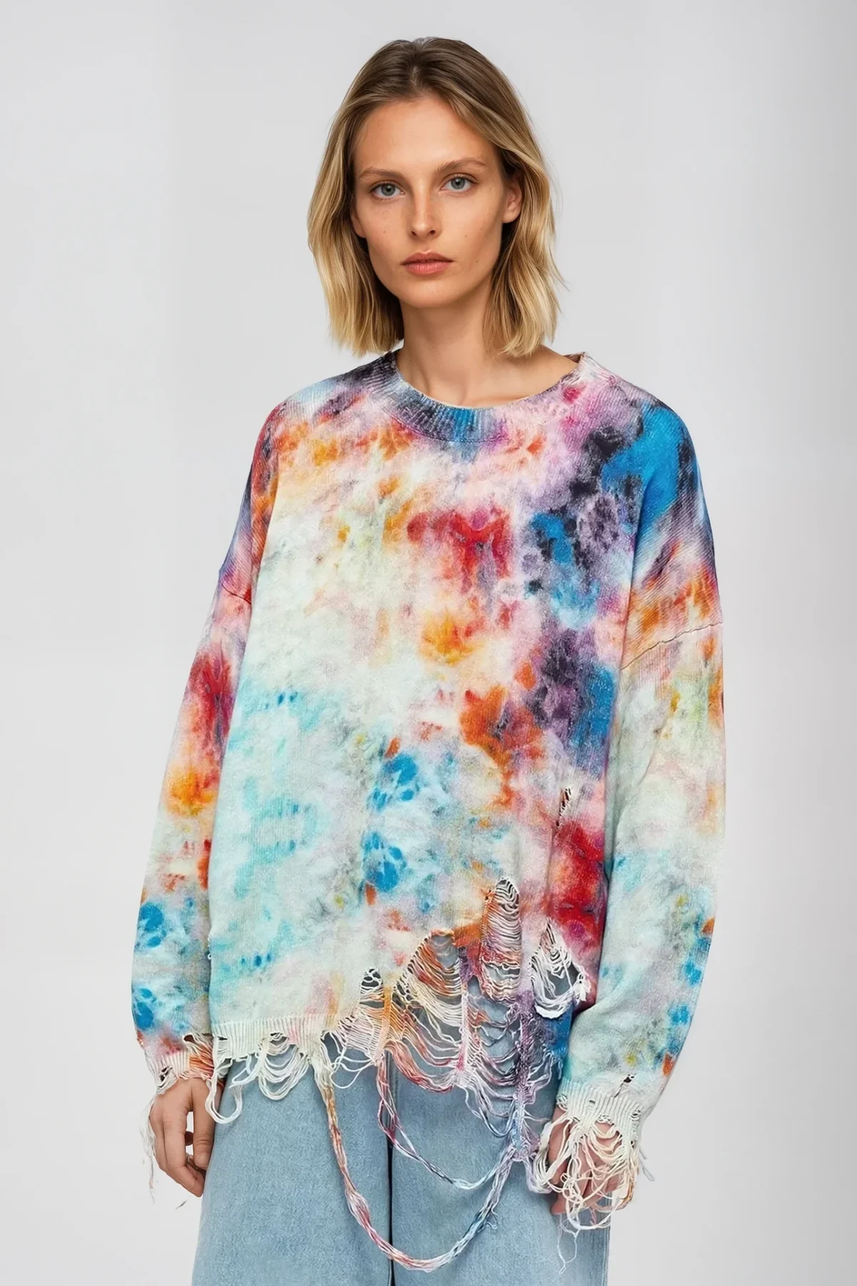 Bohemian White Tie Dye Knit Top with Fringe Detail