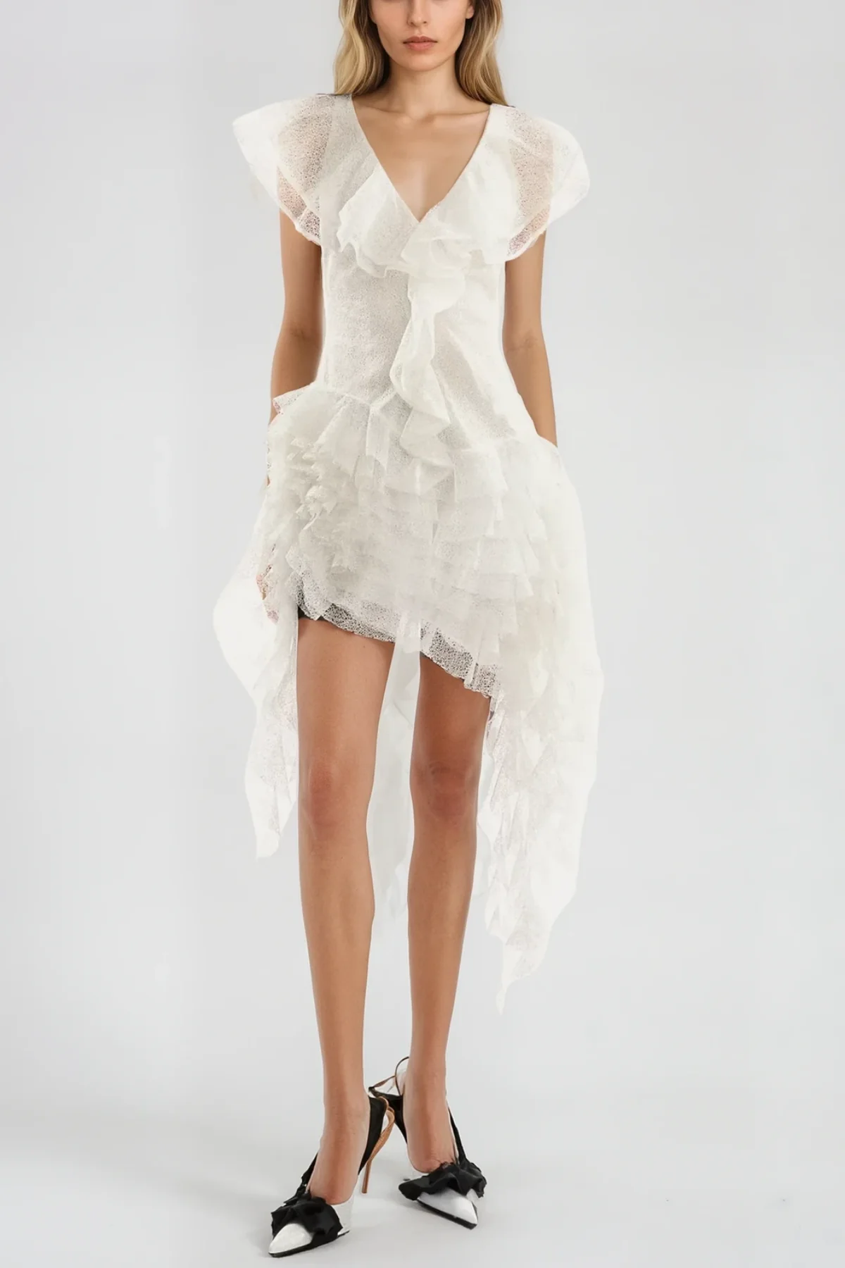 White Ruffle Mesh Fringe Mini Dress