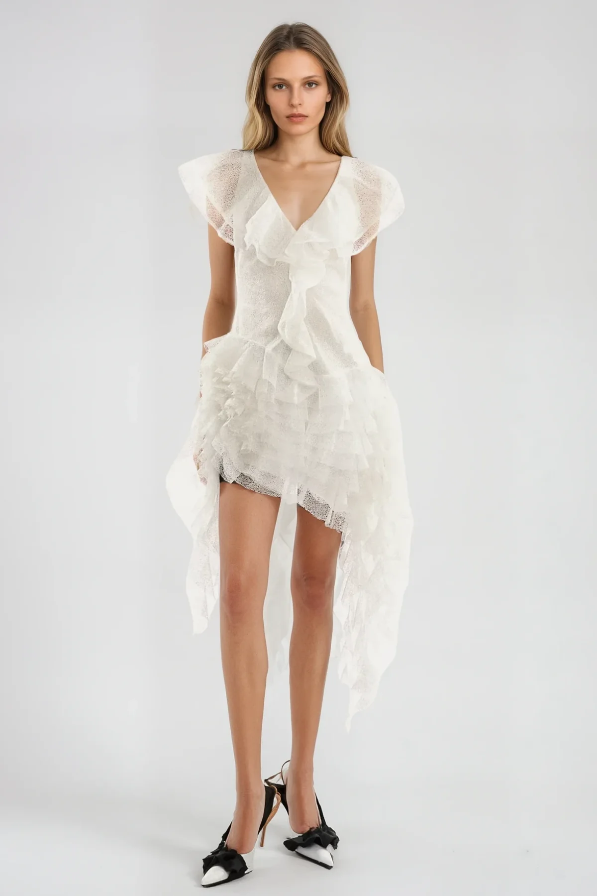 White Ruffle Mesh Fringe Mini Dress