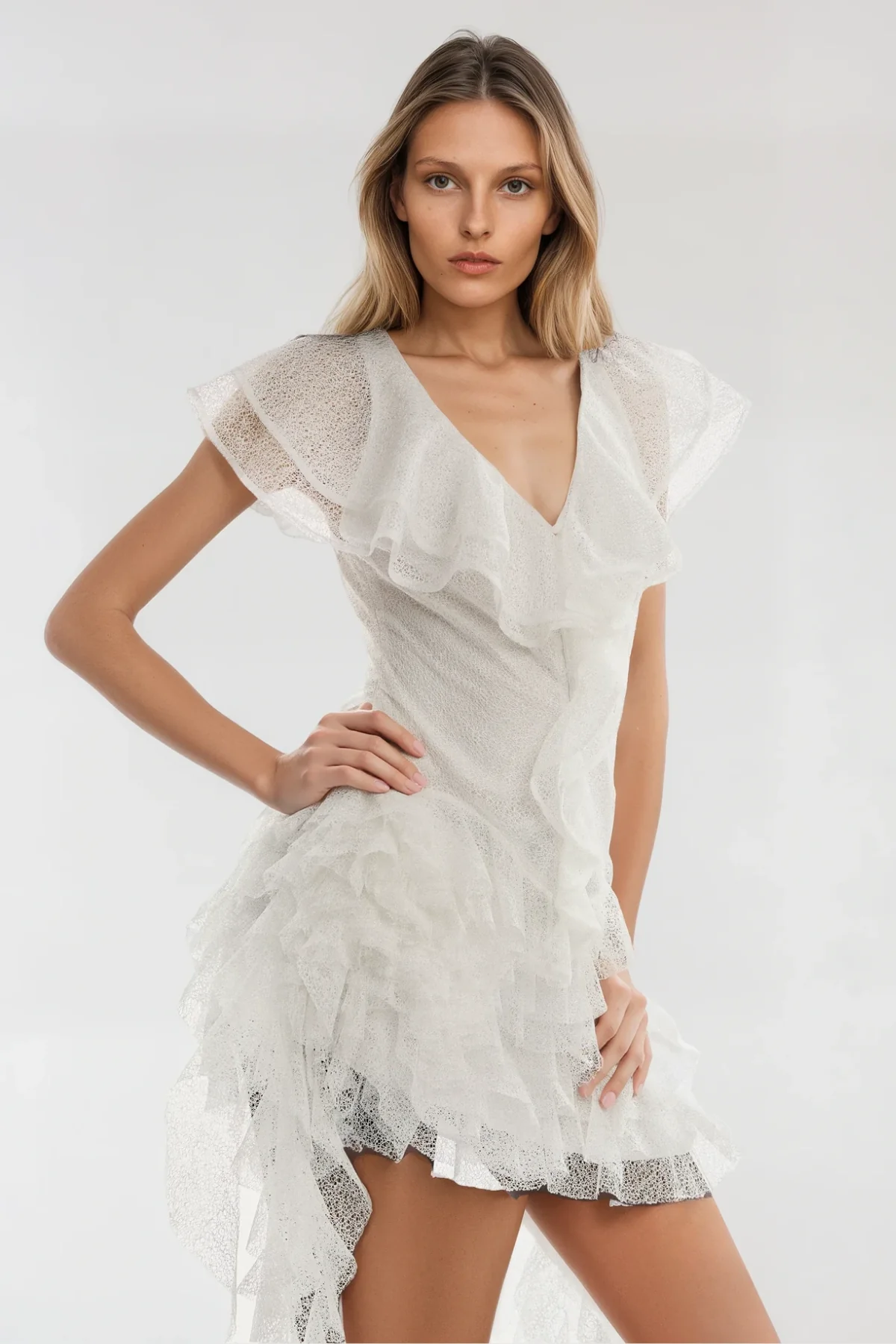 White Ruffle Mesh Fringe Mini Dress