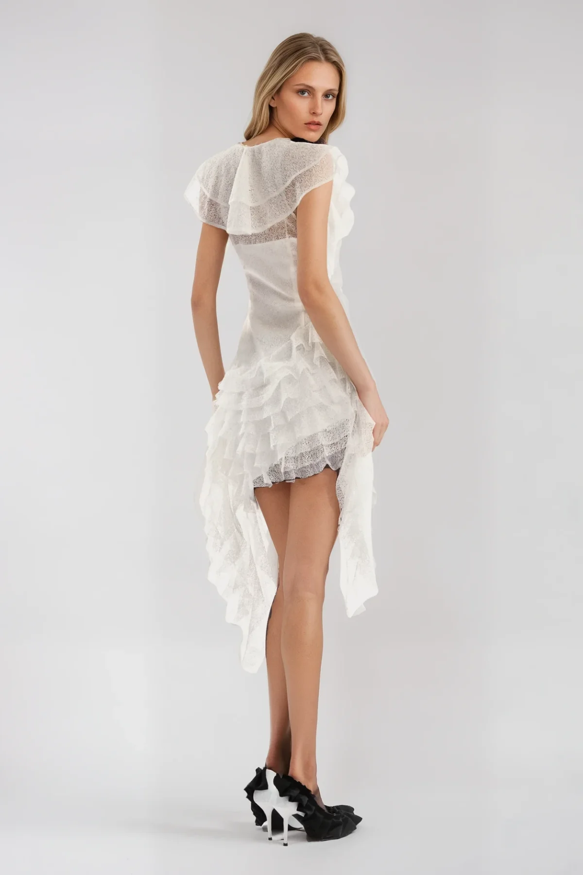 White Ruffle Mesh Fringe Mini Dress