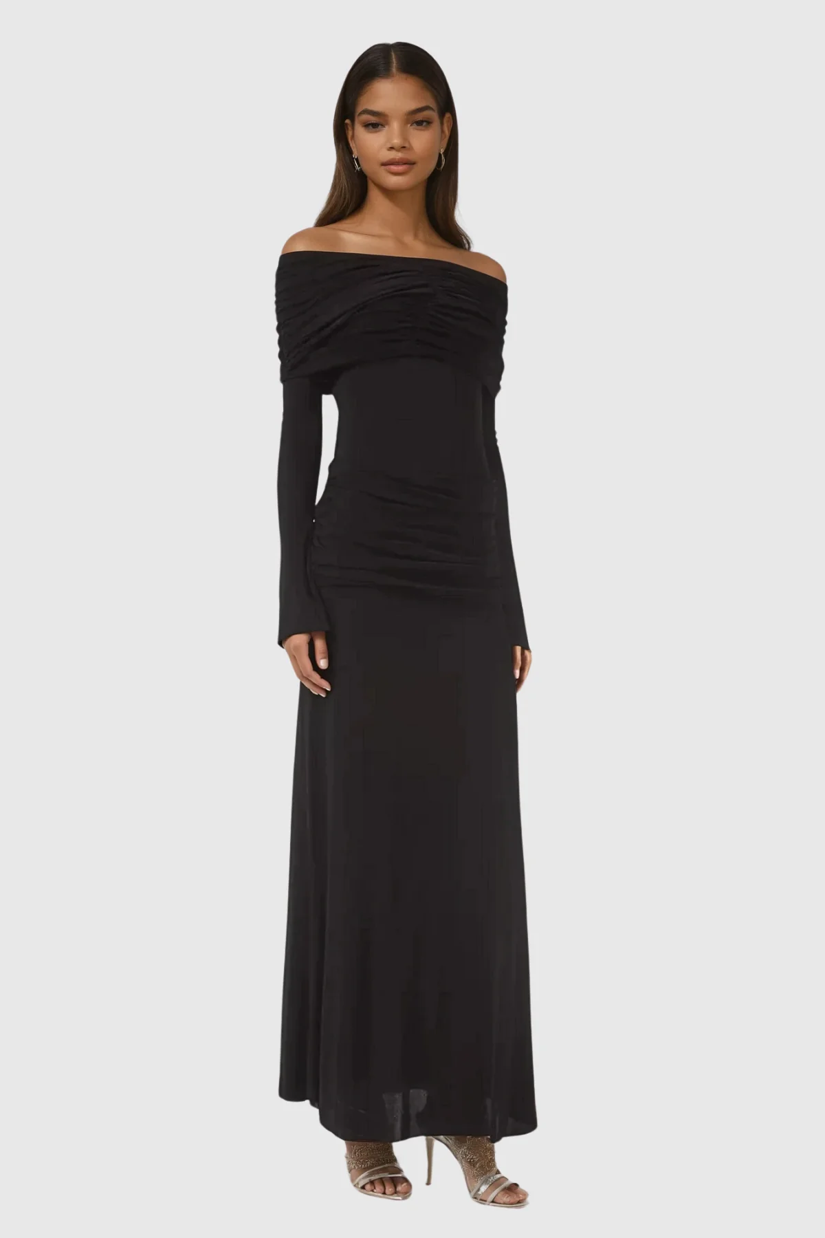 Black Off-Shoulder Ruch Maxi Dress - Elegant Formal Wear