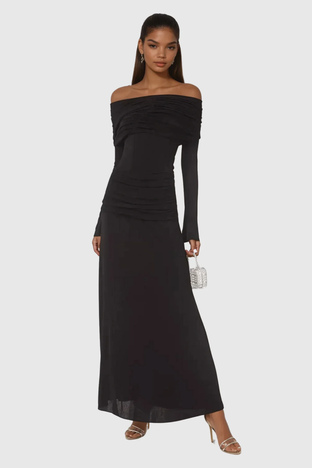 Black Off-Shoulder Ruch Maxi Dress - Elegant Formal Wear