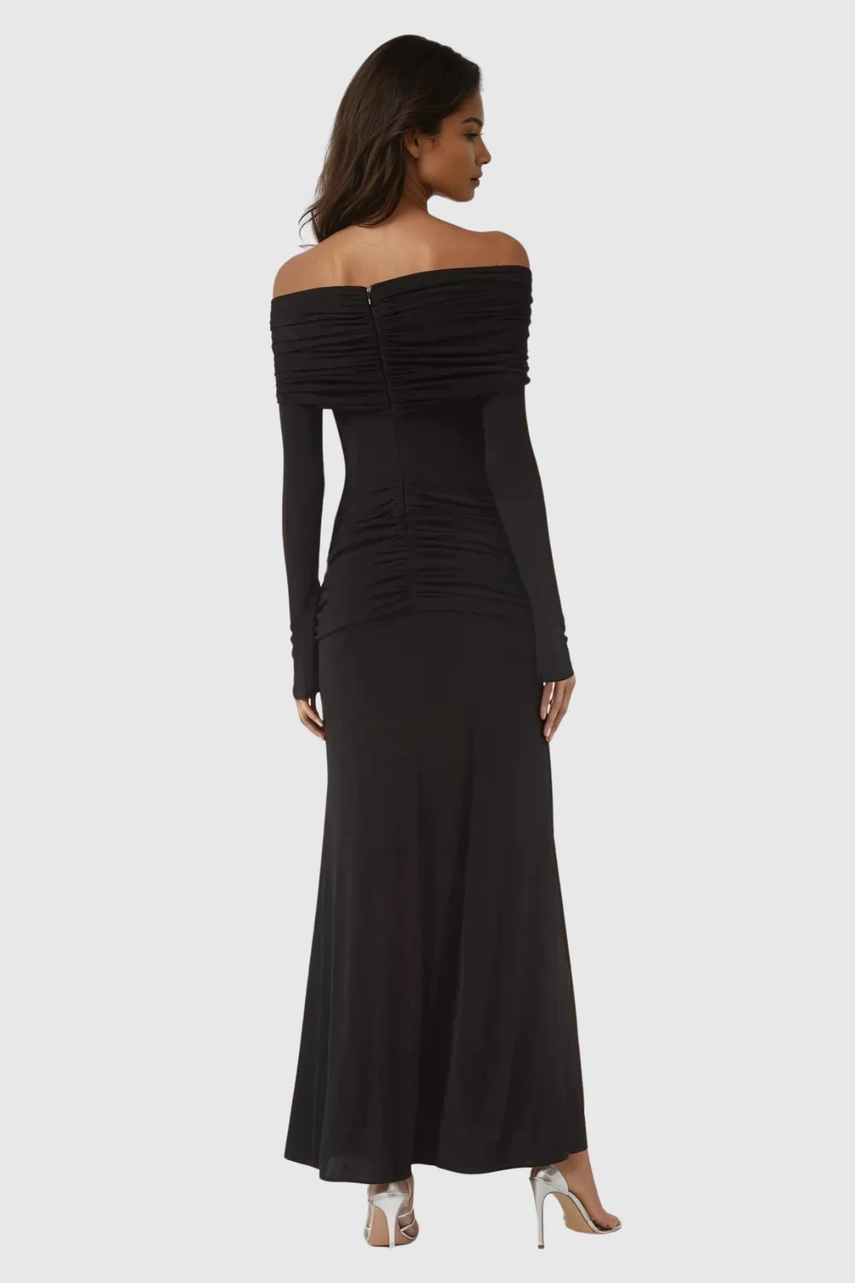 Black Off-Shoulder Ruch Maxi Dress - Elegant Formal Wear