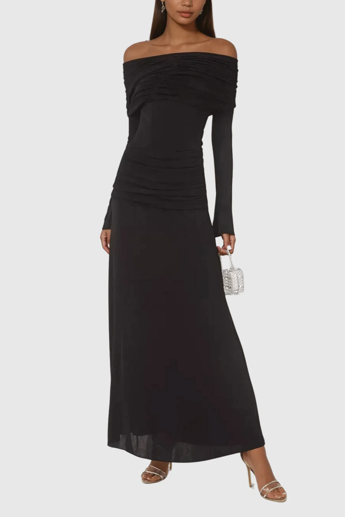 Black Off-Shoulder Ruch Maxi Dress - Elegant Formal Wear