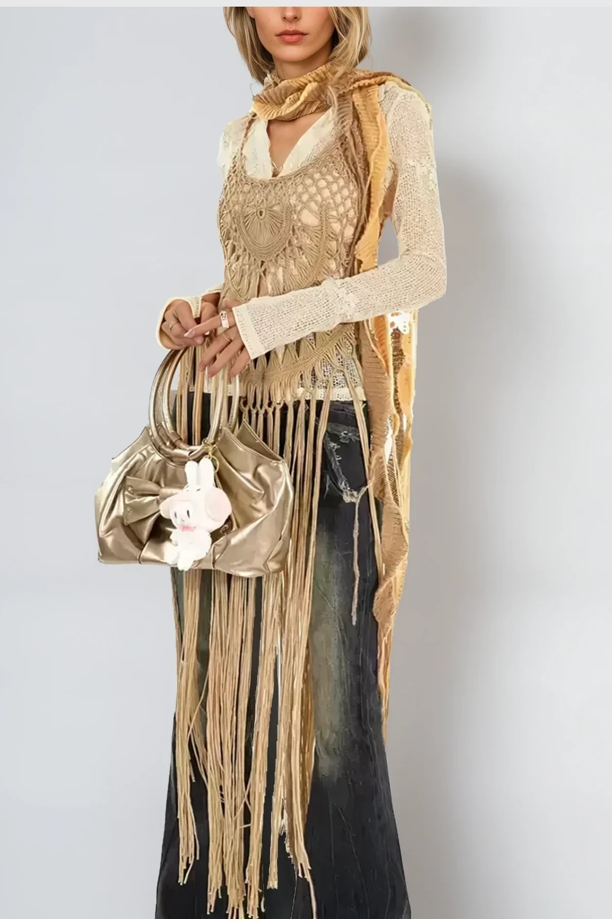 Khaki Knit Cutout Fringe Top for Stylish Women