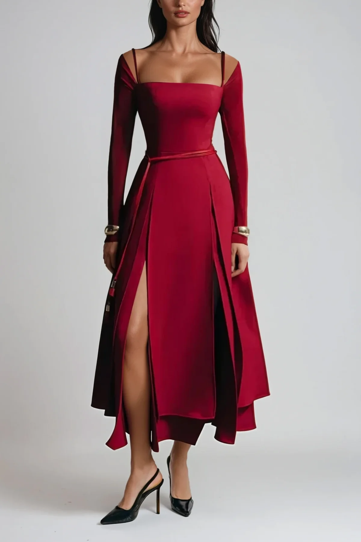 Red Lace-Up Maxi Dress - Elegant Split Design