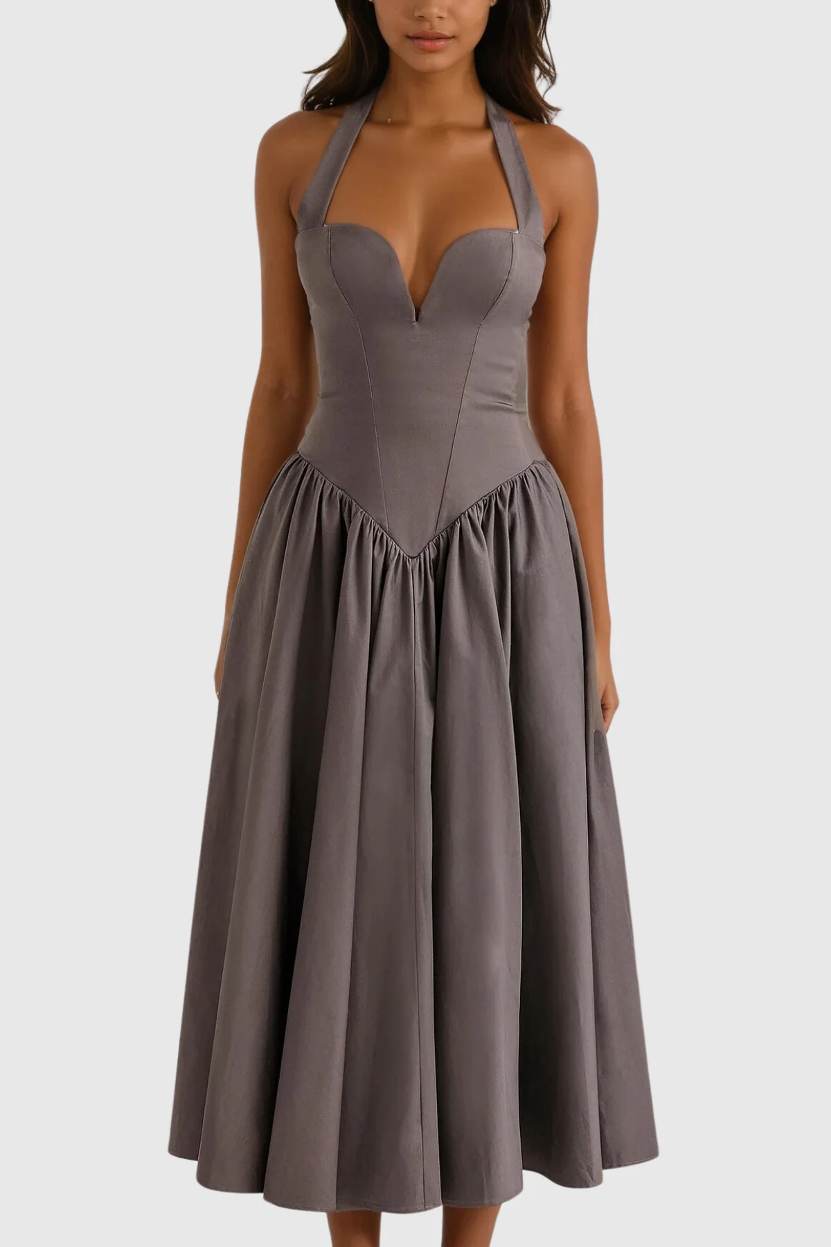 Grey Halter Neck Ruffle Maxi Dress - Elegant Formal Wear