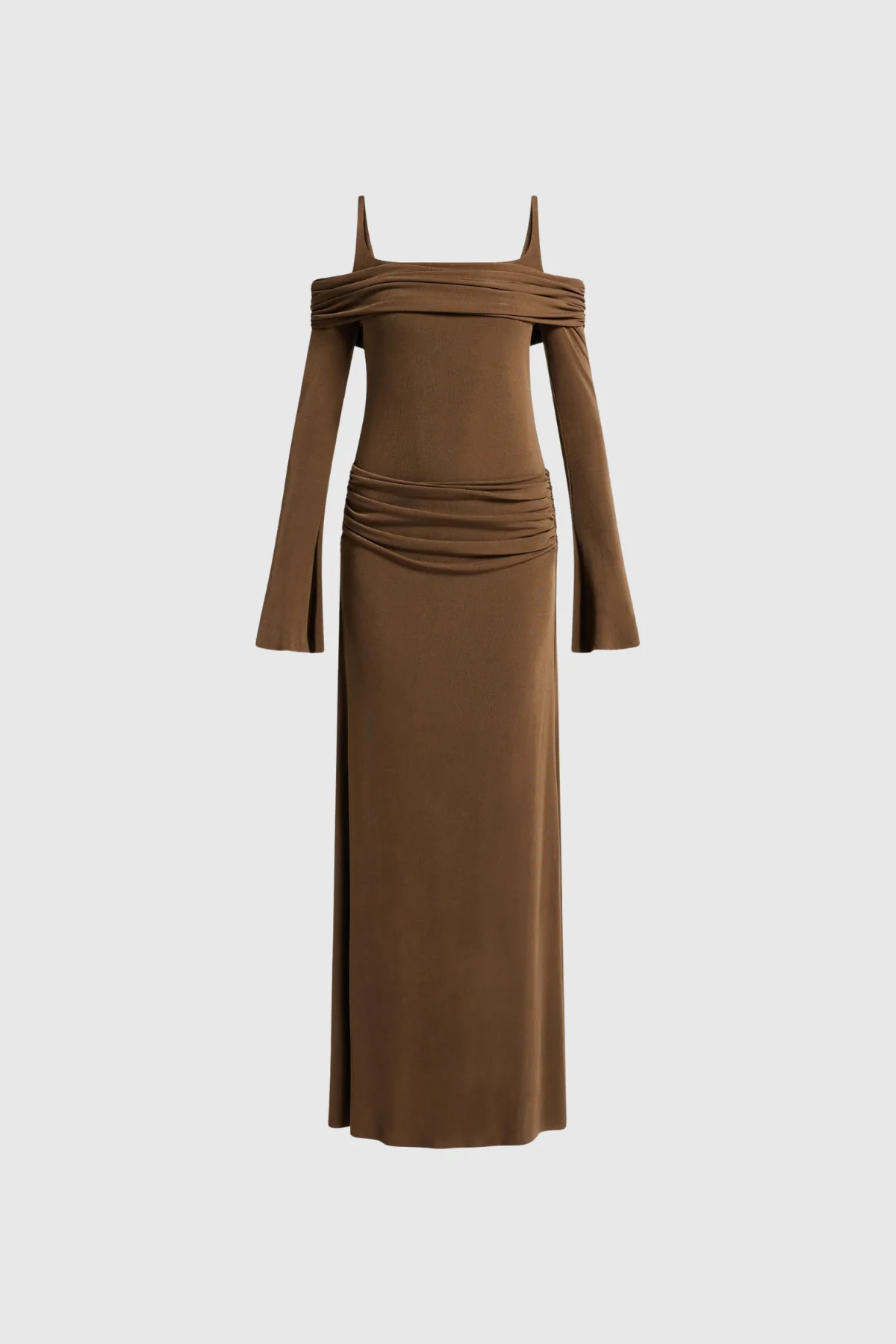 Brown Off Shoulder Ruch Maxi Dress - Elegant & Stylish