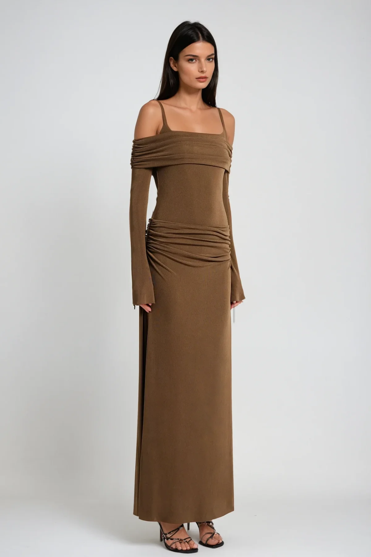 Brown Off Shoulder Ruch Maxi Dress - Elegant & Stylish