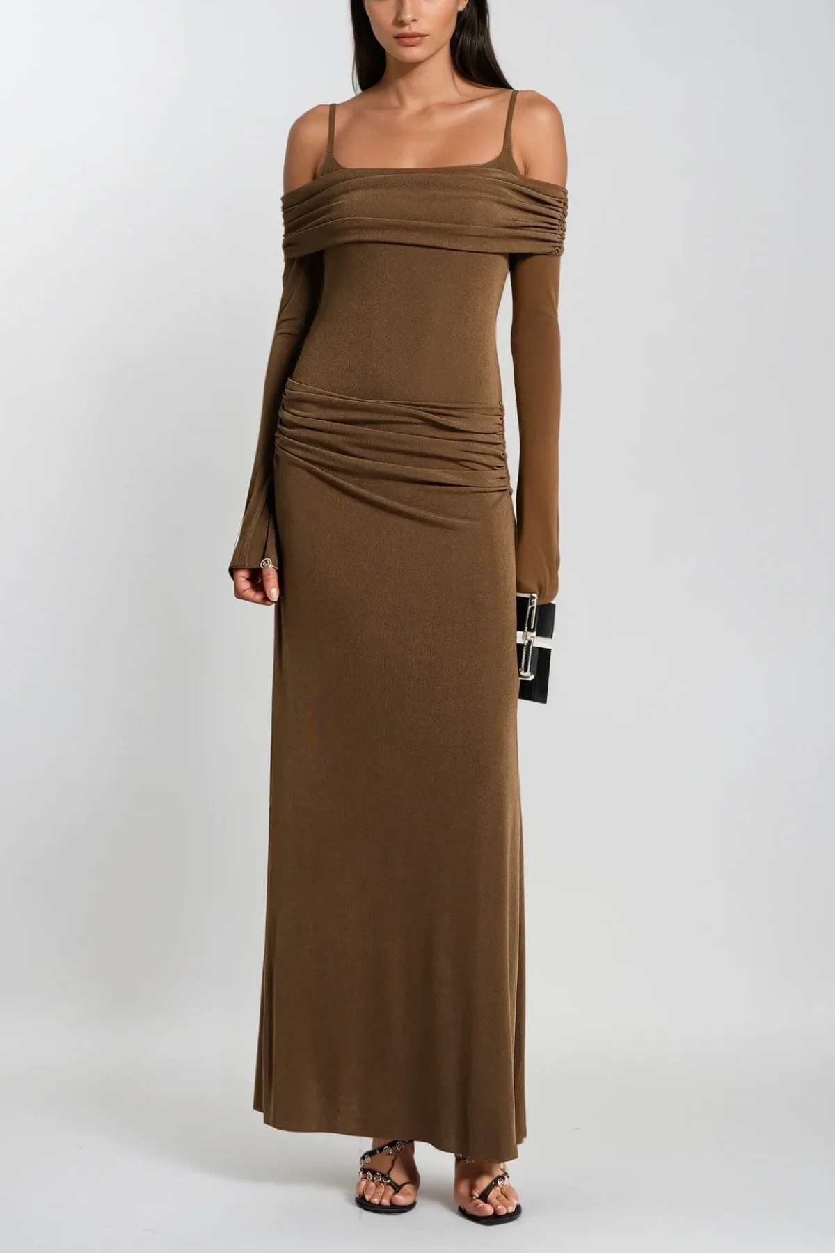 Brown Off Shoulder Ruch Maxi Dress - Elegant & Stylish